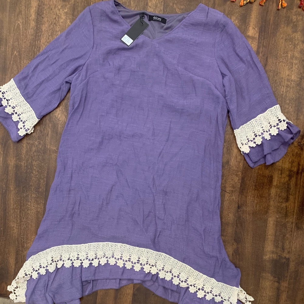 Adorn Fashion Purple and Cream Lace Layered 3/4 Sleeve Midi Dress  Med NEW BOHO